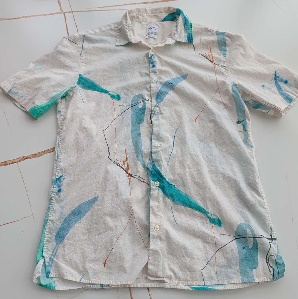 Zara Men's White and Green Casual Shirt